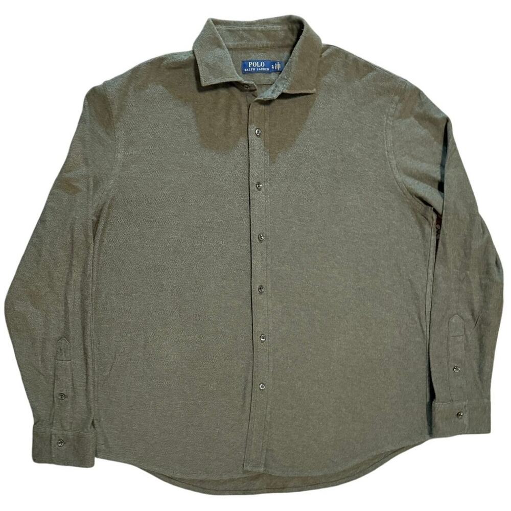 Polo Ralph Lauren Pique Knit Button Down Shirt Olive Green Long Sleeve XL